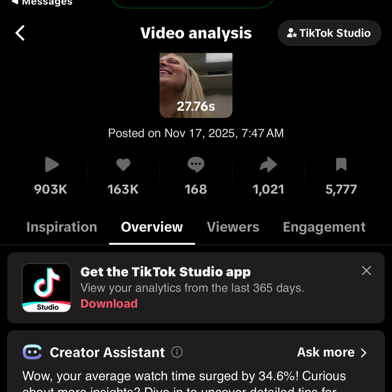 TikTok video analytics page showing video analytics. it Includes engagement stats like views, likes, comments, shares, and saves, with sections for Inspiration, Overview, Viewers, and Engagement.