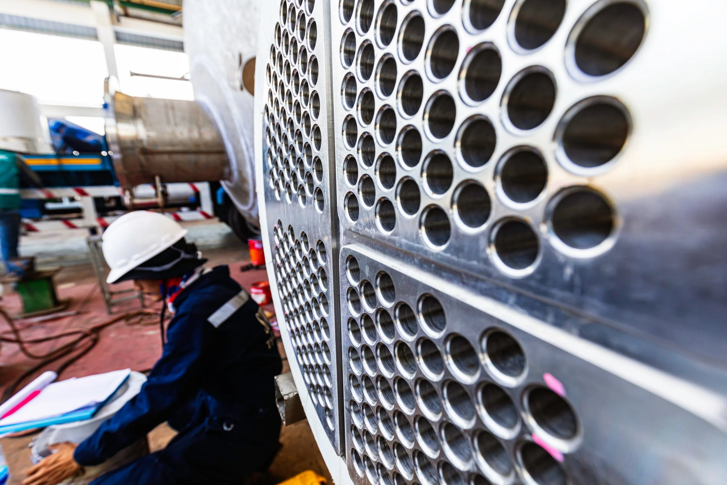 Tubo de aluminio con orificios en una estructura industrial, con persona usando casco de seguridad tomando notas.