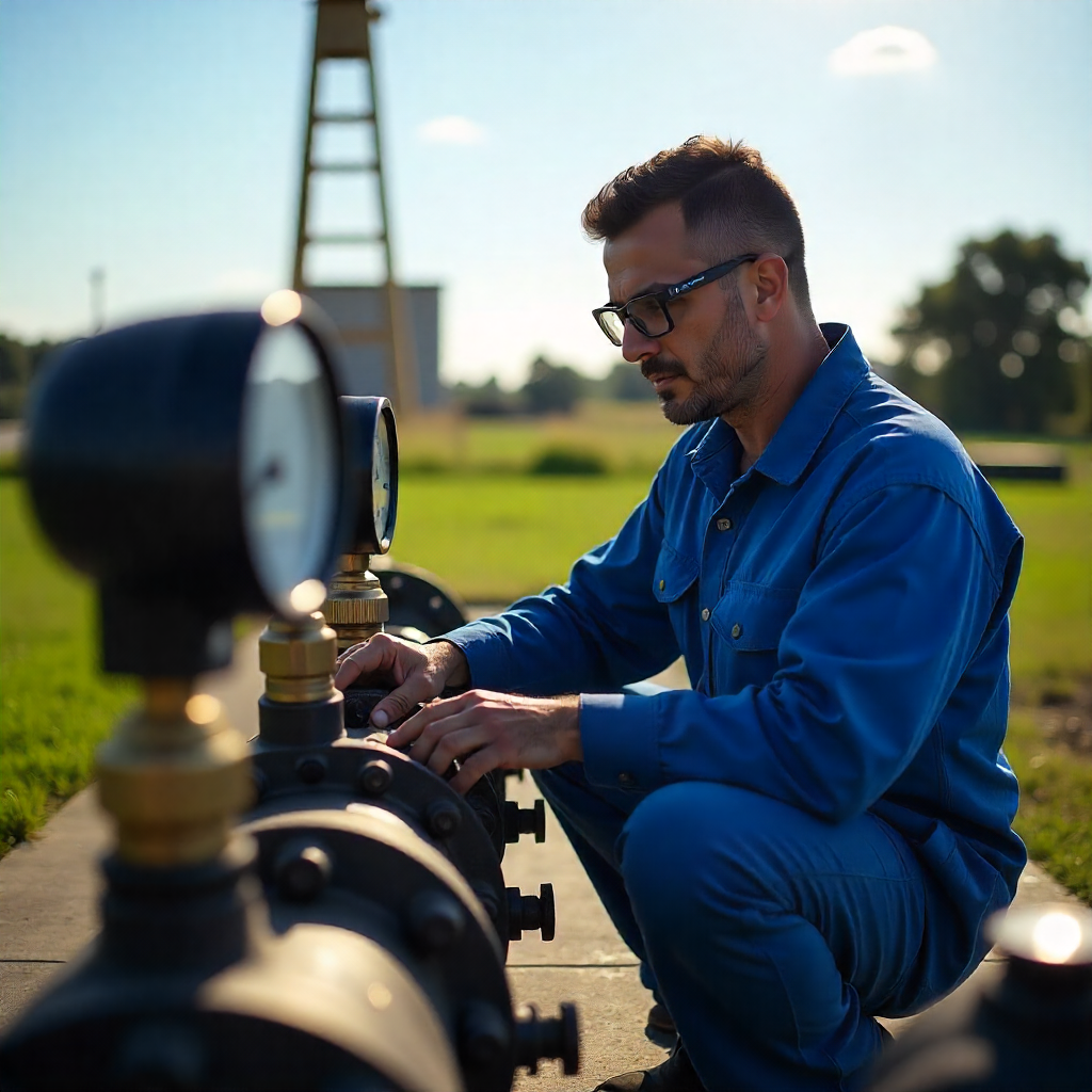 Un hombre revisando instrumentos en un campo abierto con un fondo de cielo y árboles.