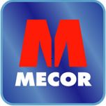 Logo de MECOR con letras rojas y fondo azul