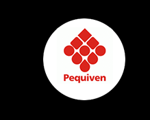 Logotipo de Pequiven con círculos rojos formando un rombo y la palabra 'Pequiven' en rojo debajo.