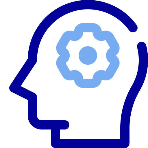 Ilustración de un perfil de cabeza humana con un engranaje dentro, representando pensamiento o funcionamiento mental.