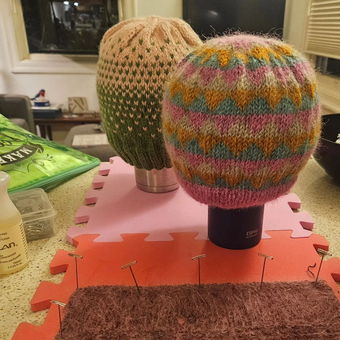 Blocking my colorwork hats, and they look like hot air balloons 🎈Plus a swatch for my future first-ever sweater &mdash; following proper protocol!! 🫡⭐️🧶

#knitting #knittinghats #colorwork #colorworkknitting #makersgonnamake