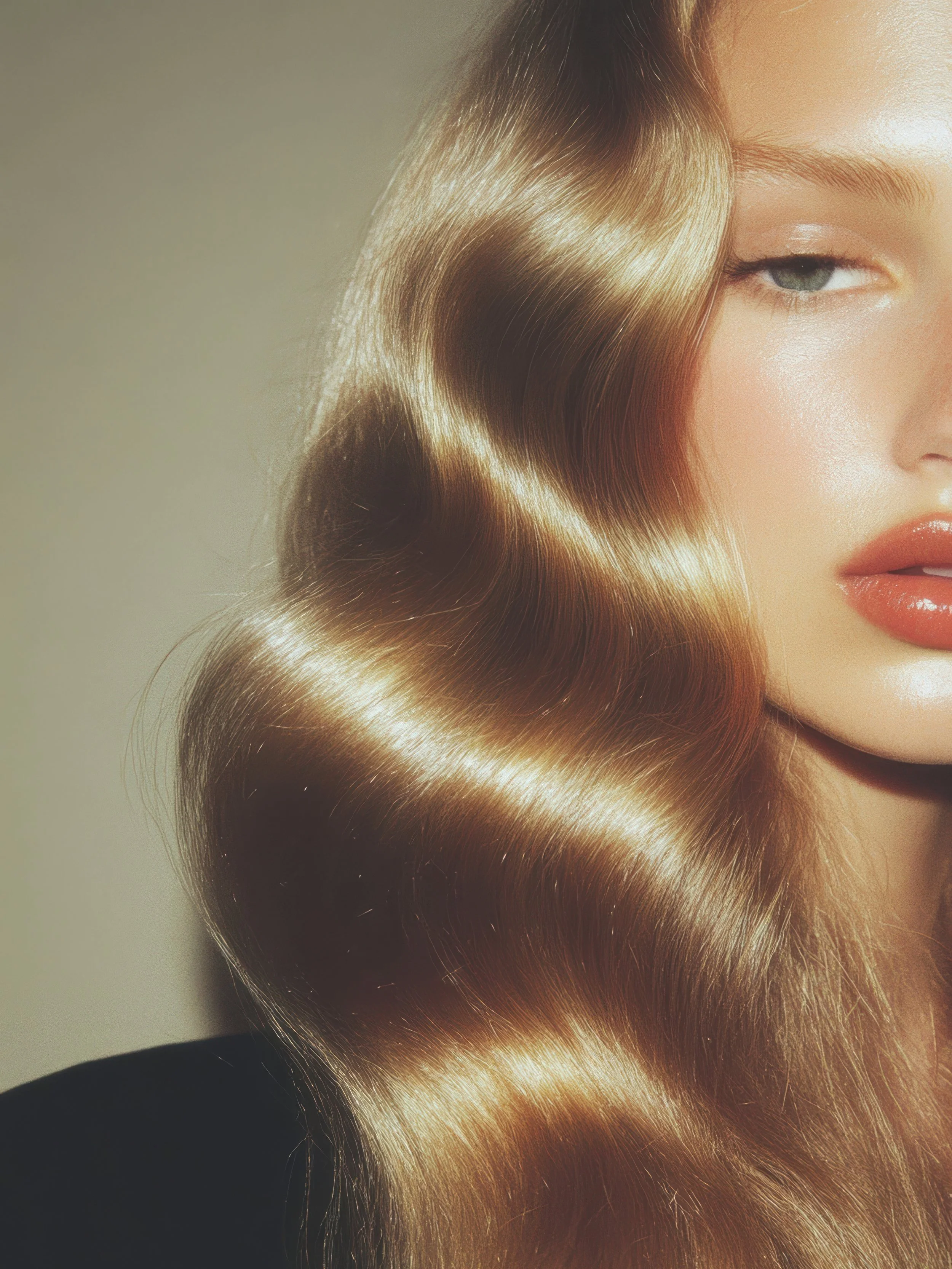 Close-up of a woman's face with wavy, shiny blonde hair, with her eye partially visible and lips slightly parted.