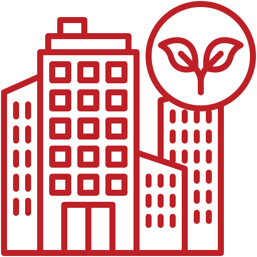 Line drawing of various tall buildings with a large leaf symbol in a circle representing sustainability or eco-friendliness.