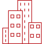 Red outline drawing of a city skyline with multiple buildings of various heights.