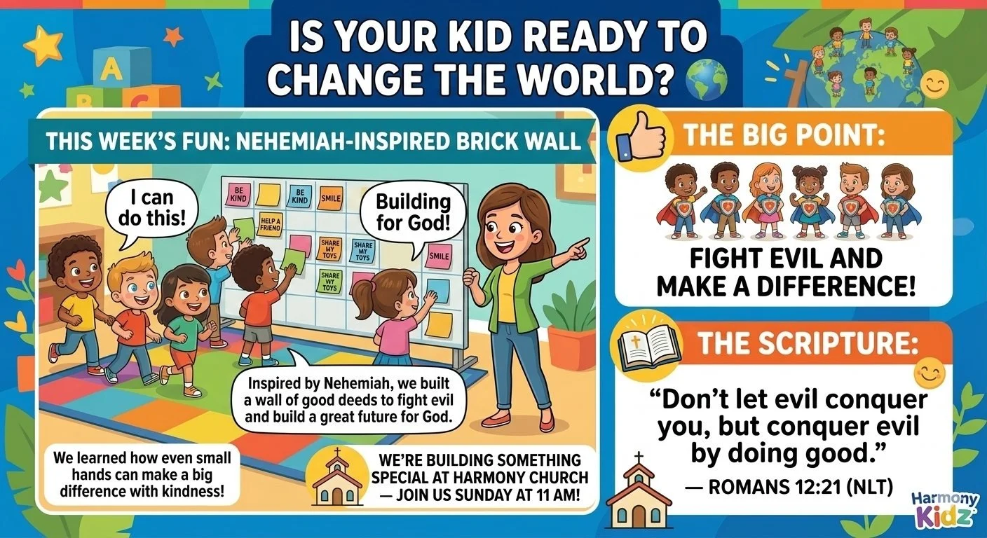 Is your kid ready to change the world? 🌍

This week in Harmony Kidz, we learned that even kids can make a difference for God!

📖 Romans 12:21
&ldquo;Don&rsquo;t let evil conquer you, but conquer evil by doing good.&rdquo;

Inspired by Nehemiah, the