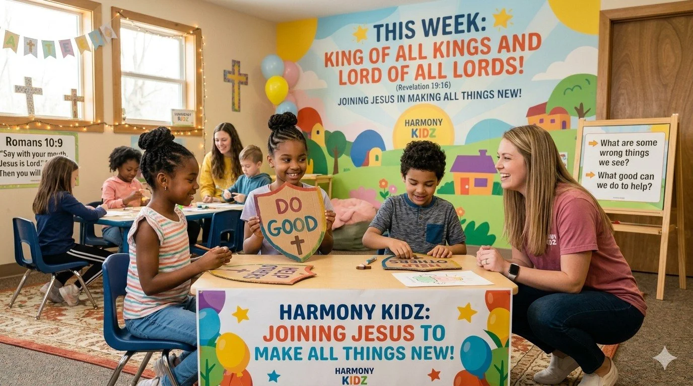 Kids learned that Jesus is making all things new&mdash;and we can help! 🙌

✨ God made each of us for a purpose
✨ We can show kindness, help others, and stand for what&rsquo;s right
✨ Kids can make a difference right now

Revelation 19:16

We had fun