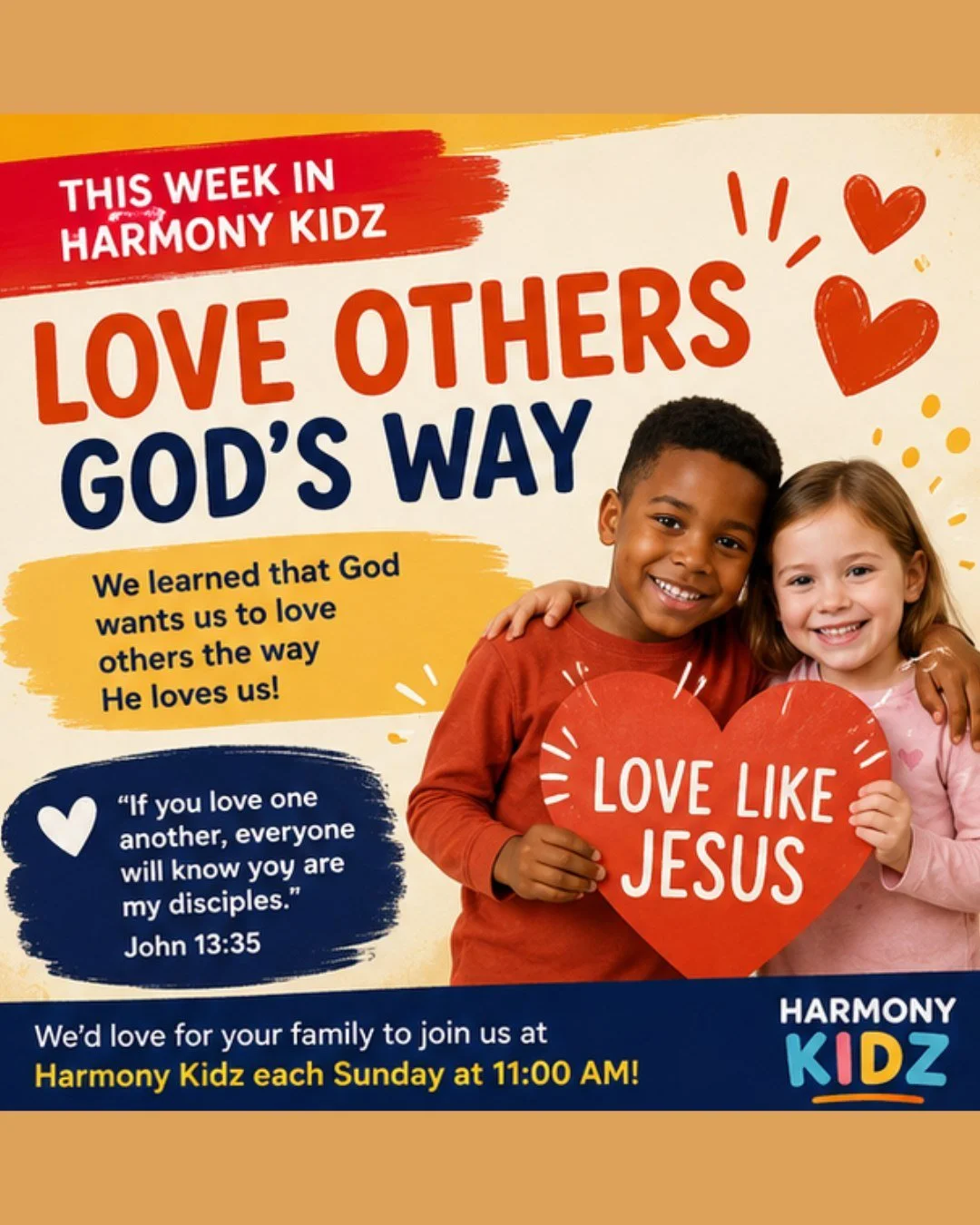 ❤️ This week in Harmony Kidz, we learned that God wants us to love others the way He loves us!

We talked about the difference between loving people selfishly and showing pure, godly love. Kids learned that loving others means being kind, patient, he