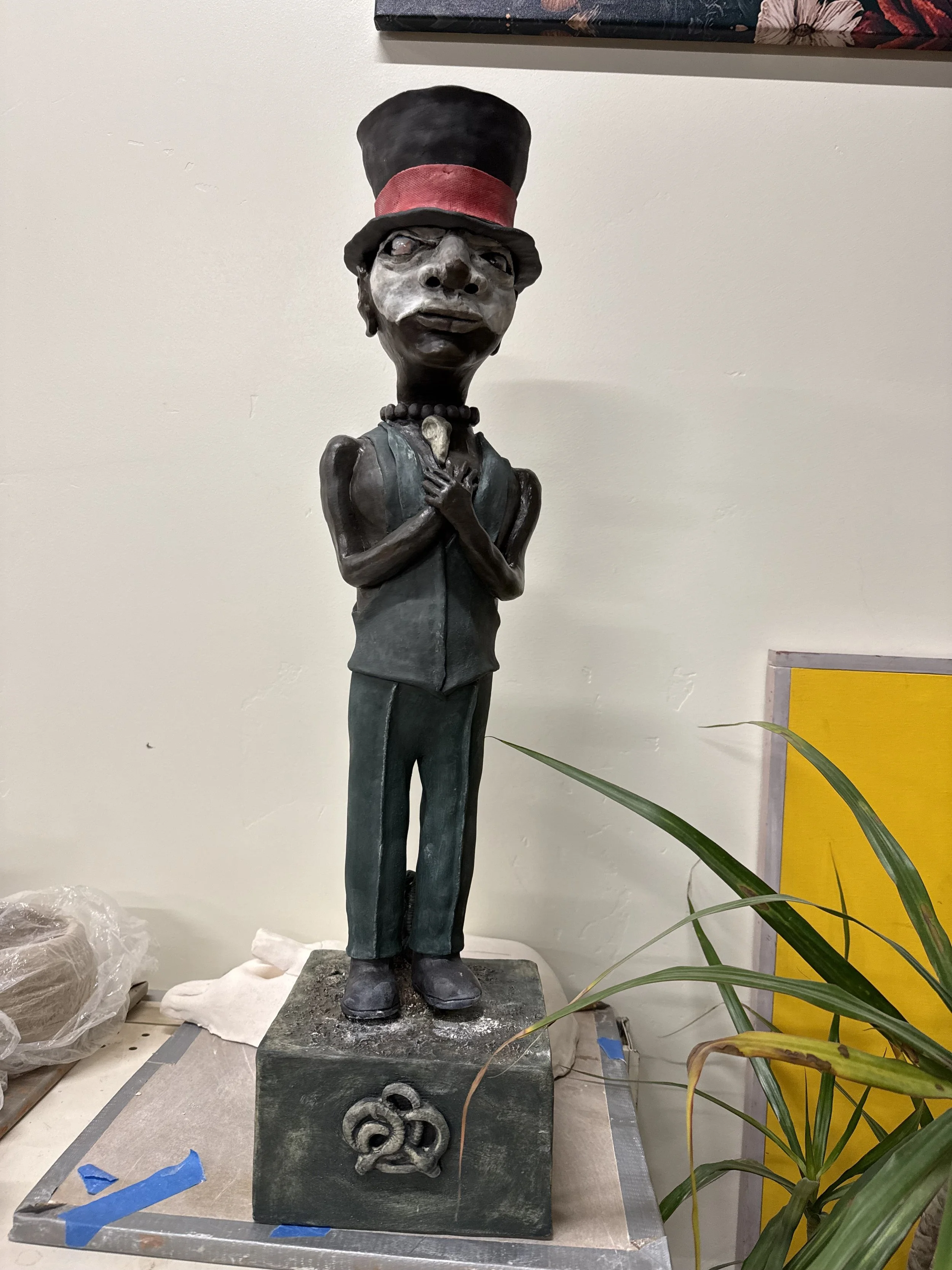 Baron Samedi. 2026. $800. SOLD.
Laguna Bmix; underglaze; glaze (eyeballs); fired to Cone 5.
6.5inW; 6.5inD; 25inH