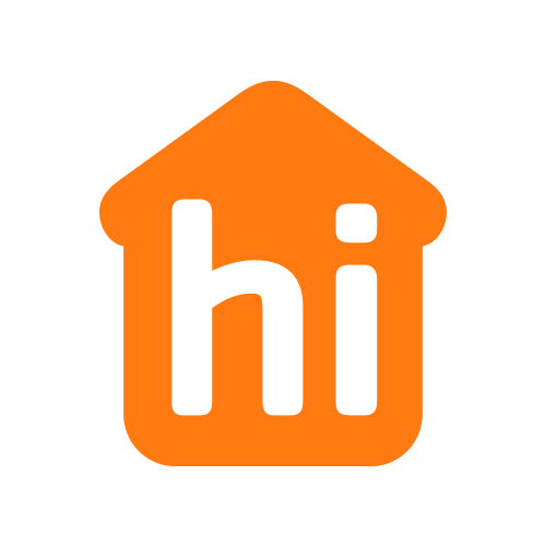 A logo with an orange house shape featuring the word 'hi' in white lowercase letters inside.