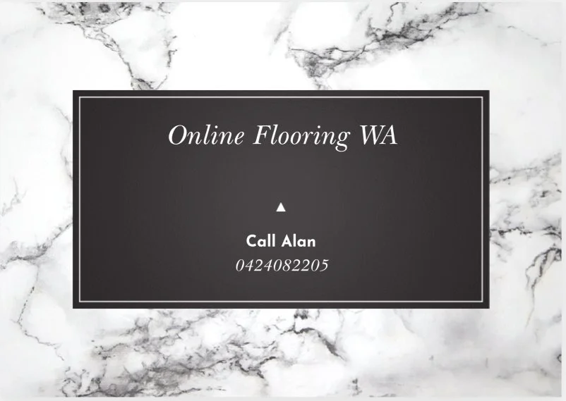 Business card for Online Flooring WA with contact info for Alan, featuring a black rectangle with white text on a white marble background.