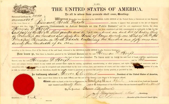 This is the final land patent issued after the homesteader completed the residency and improvement requirements.