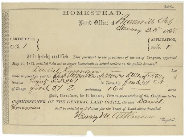 This is the Homestead Certificate issued by the General Land Office confirming compliance with the Homestead Act of 1862.