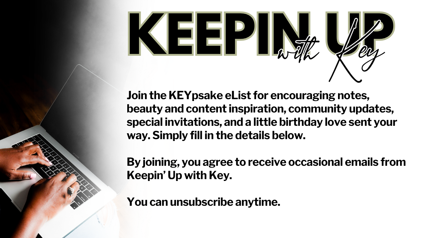 An advertisement promoting the Keepin' Up with Key email list, featuring a person typing on a laptop with a dark wood surface and a gradient background.