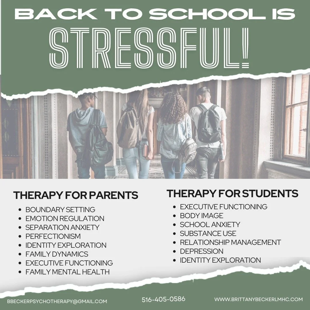 Back-to-school season can be a whirlwind of emotions for everyone. Whether you're a parent of a child from 3 to 23 or a college student yourself, seeking individual therapy can provide a much-needed space to process your feelings, set goals, and navi