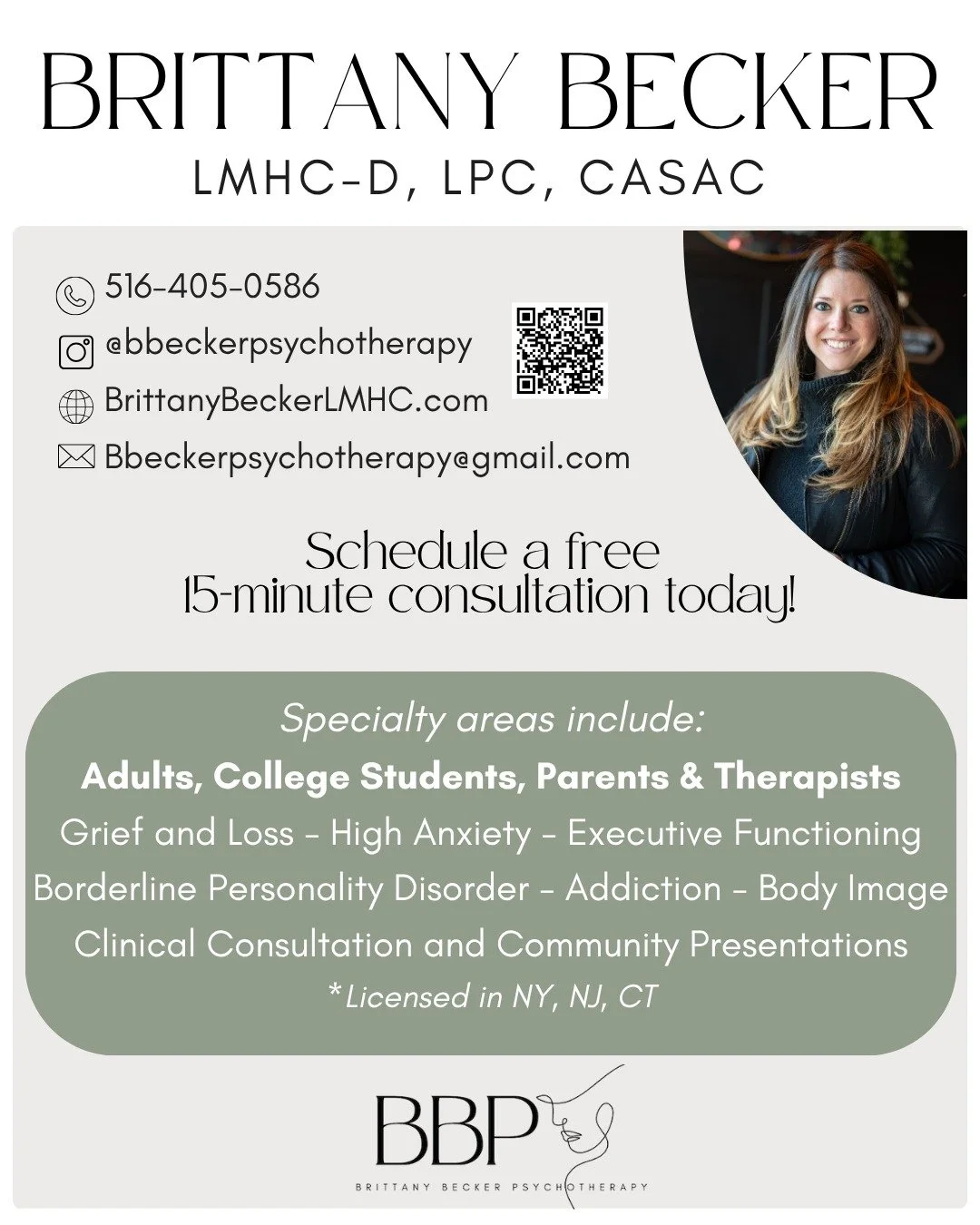 Hi! I'm Brittany! Thanks for visiting my Instagram! Here's a quick snapshot of my specialties. Feel free to reach out to schedule a consultation call!

#mentalhealth #longisland #letstalk #therapy #relationship #wellness #therapyisfun