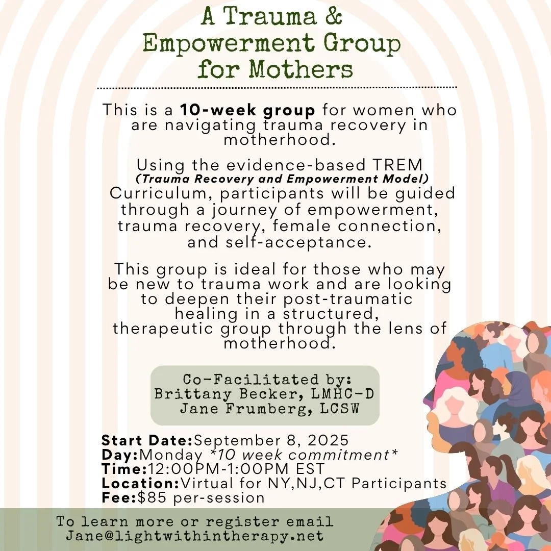 Join us for a powerful and supportive Trauma Empowerment Group, co-facilitated by Jane Frumberg, LCSW and myself &ndash; two experienced therapists in private practice dedicated to helping you heal and thrive.

This group offers a safe space to conne