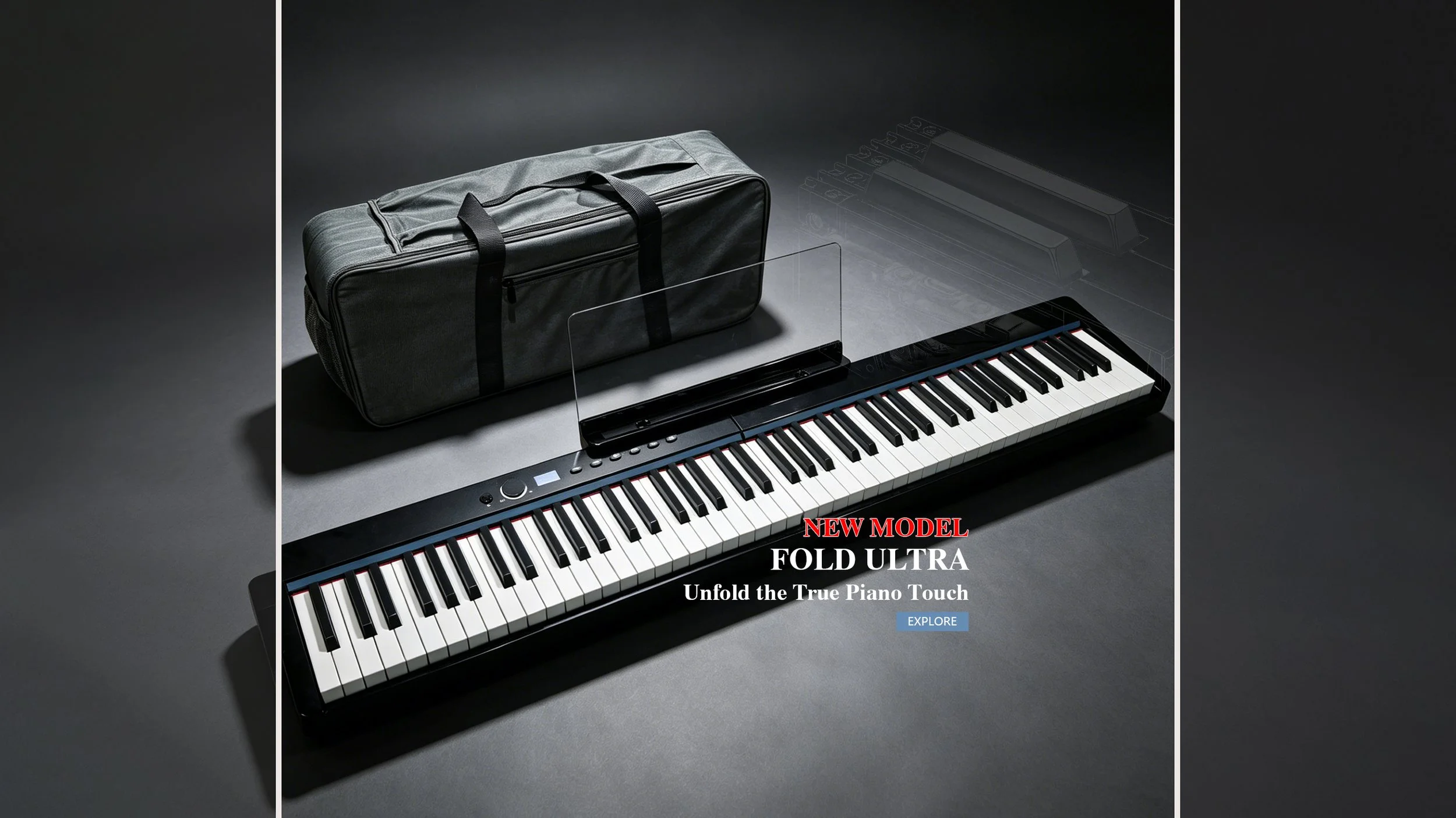 A digital keyboard piano with the lid open, positioned on a gray surface with a black background. Next to the piano is a black carrying case. Text on the image reads: 'New Model Fold Ultra Unfold the True Piano Touch' and a button labeled 'Explore.'