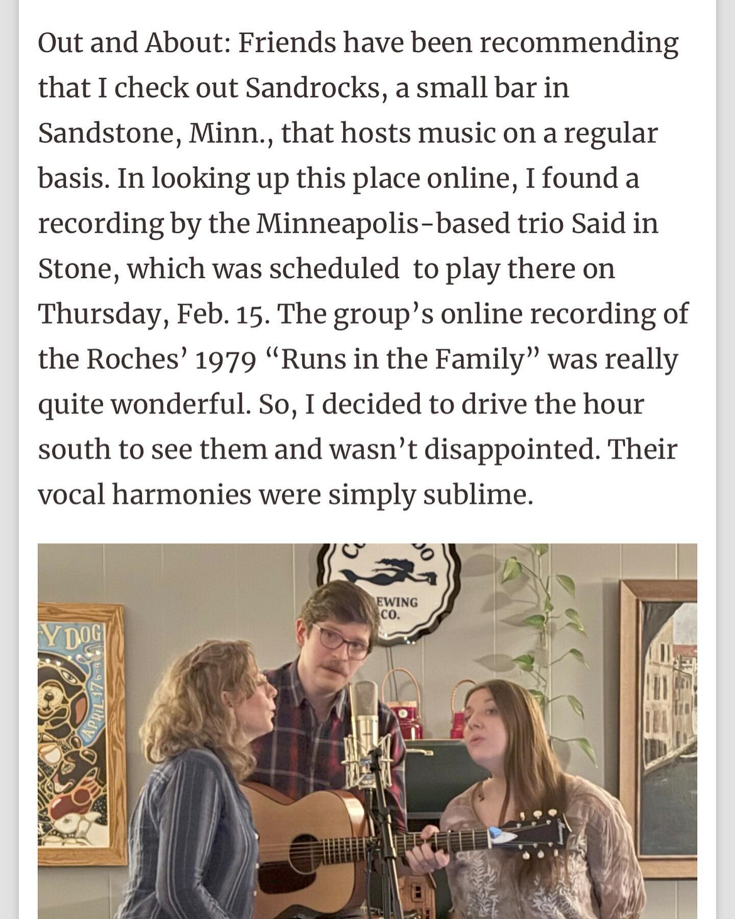 Jill &ldquo;jillybones&rdquo; Fisher wrote some very kind words about us for the @duluthreader about our show at SandRocks last month 🥰🥰🥰