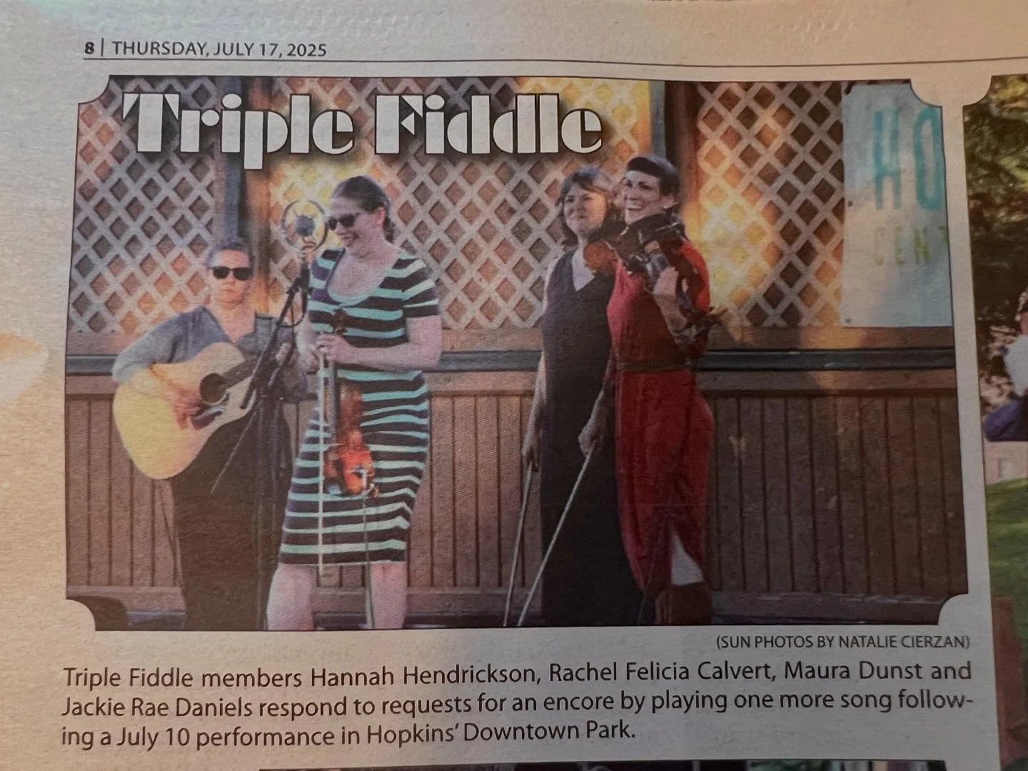 Fresh off the press! Thanks to @sunnewspapersmn for the photos and nice and writeup of our show in downtown Hopkins ❤️❤️