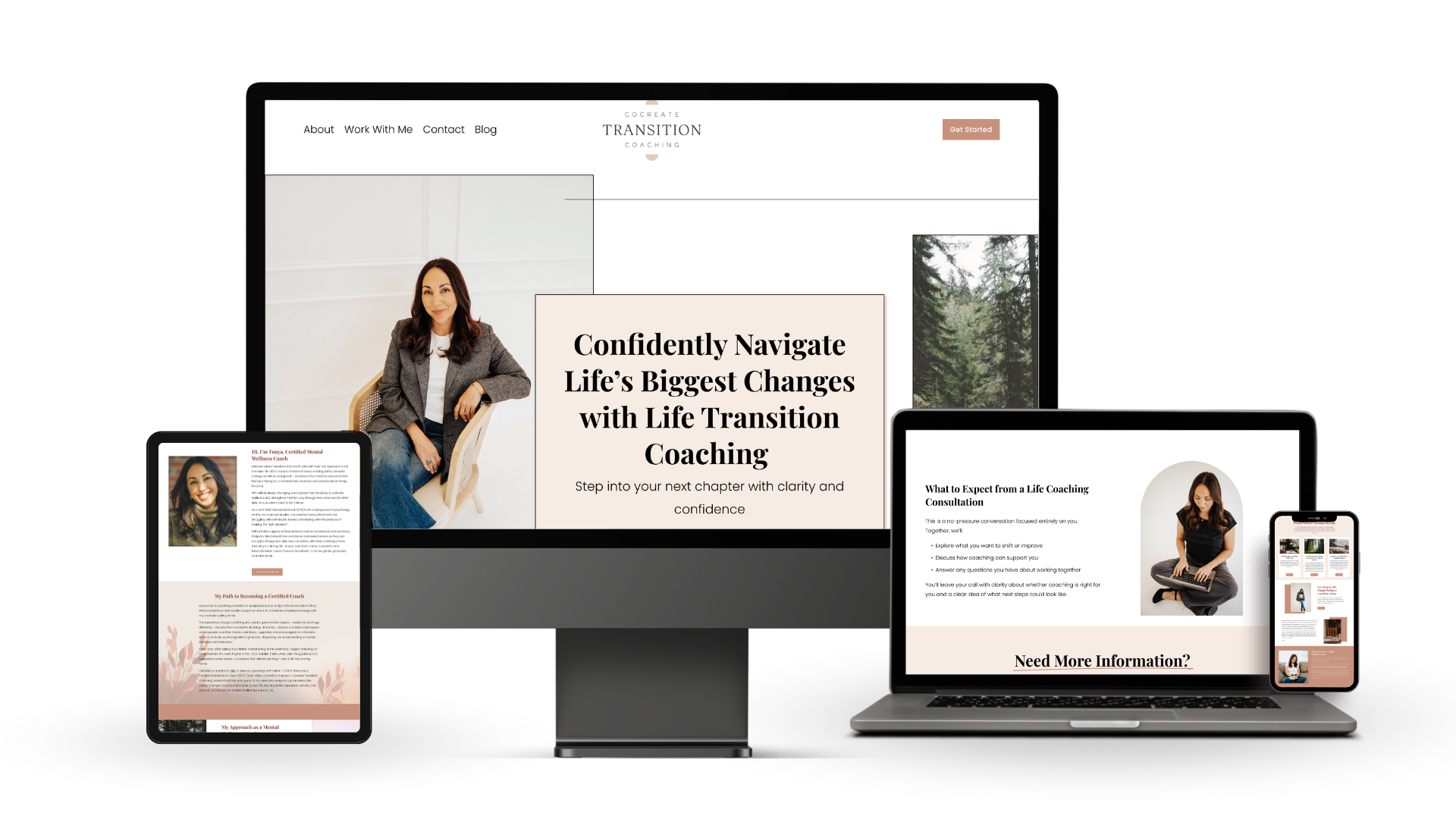 Hero section of Cocreate Transition Coaching website featuring life coach Tonya Record and a forest path background