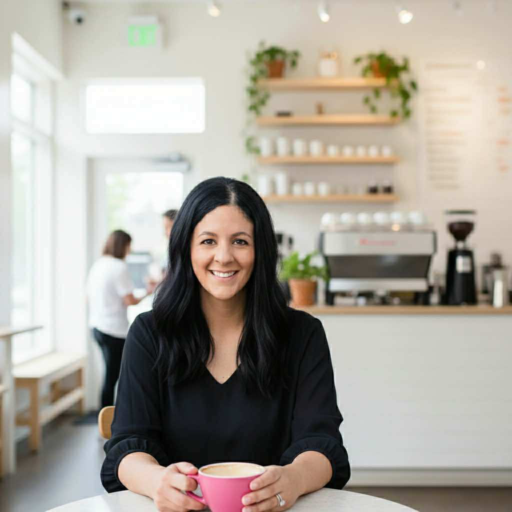 virtual assistant kimmy altman sitting in coffee shop with pink mug