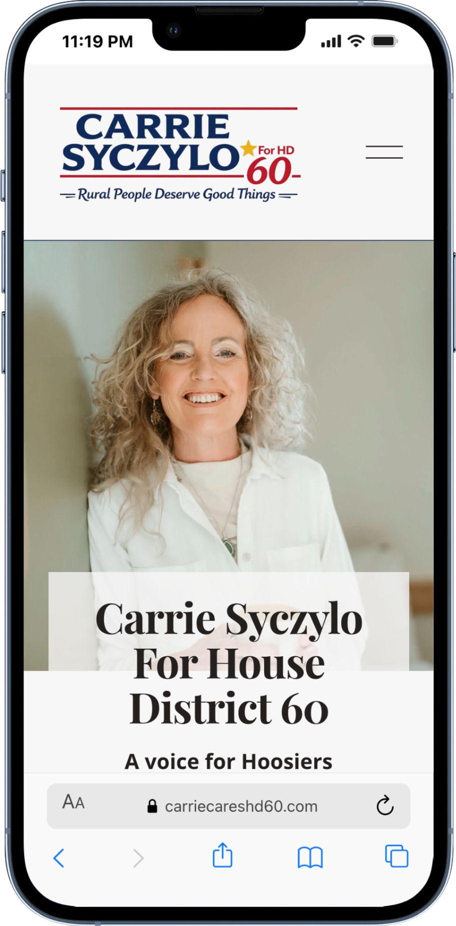 Mobile view of Carrie Syczylo campaign website for Indiana House District 60 designed by Kimmy Altman