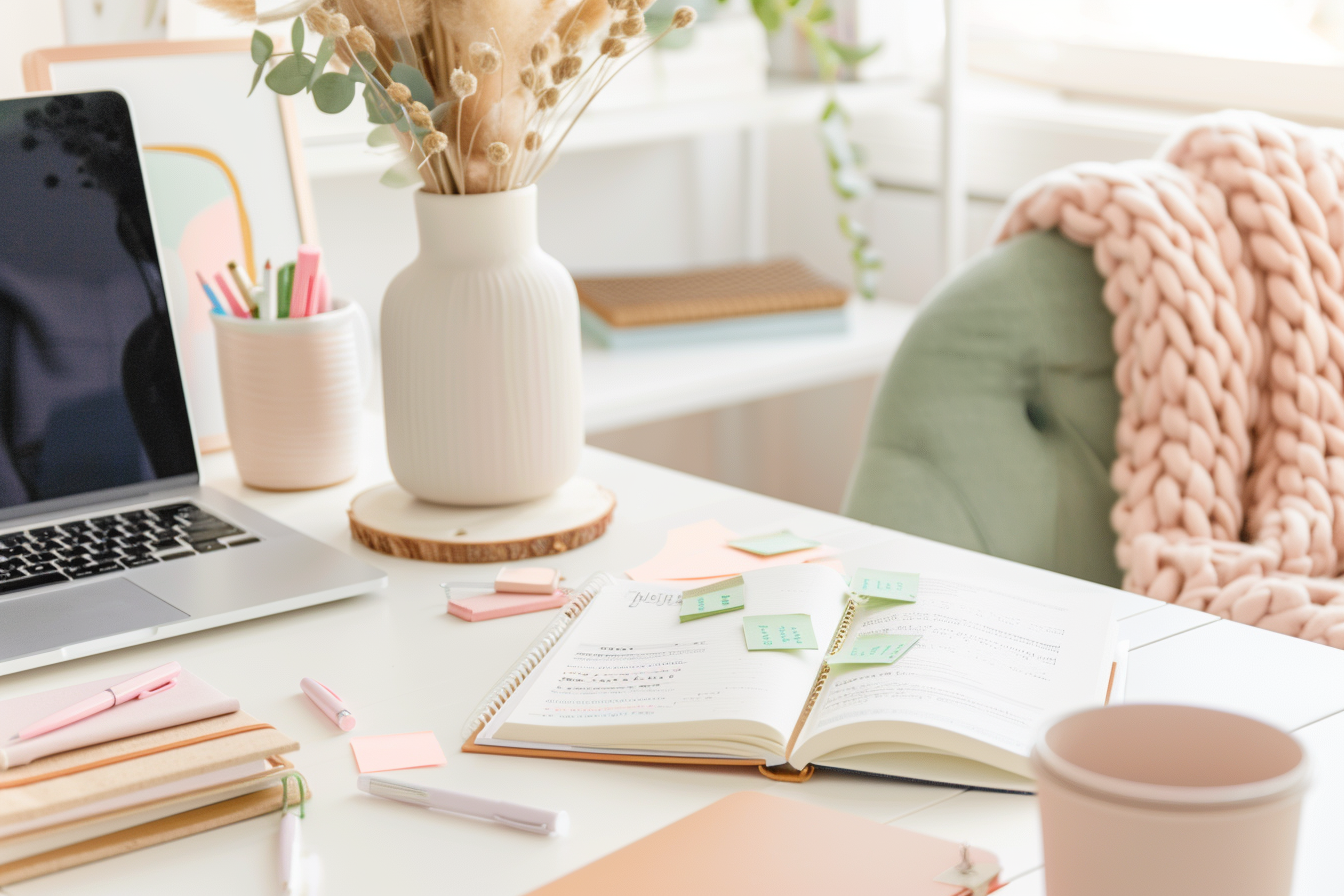 Virtual assistant desk showcasing laptop and busy life