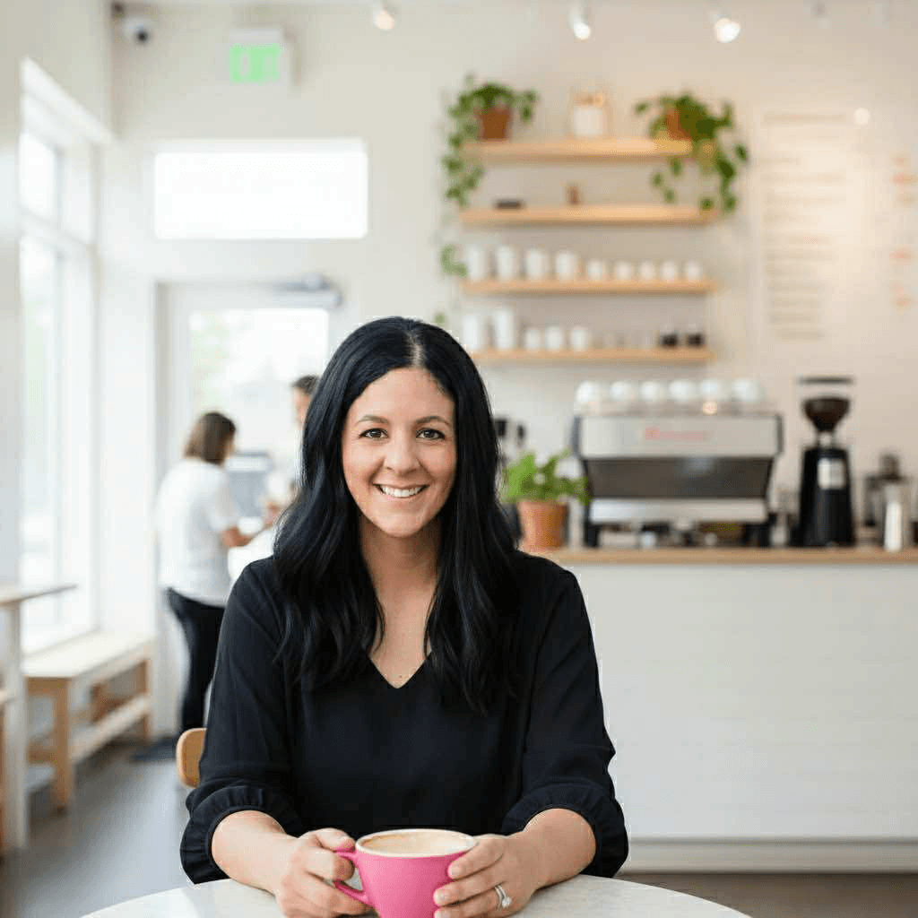 Website designer Kimmy Altman in local Indiana coffee shop
