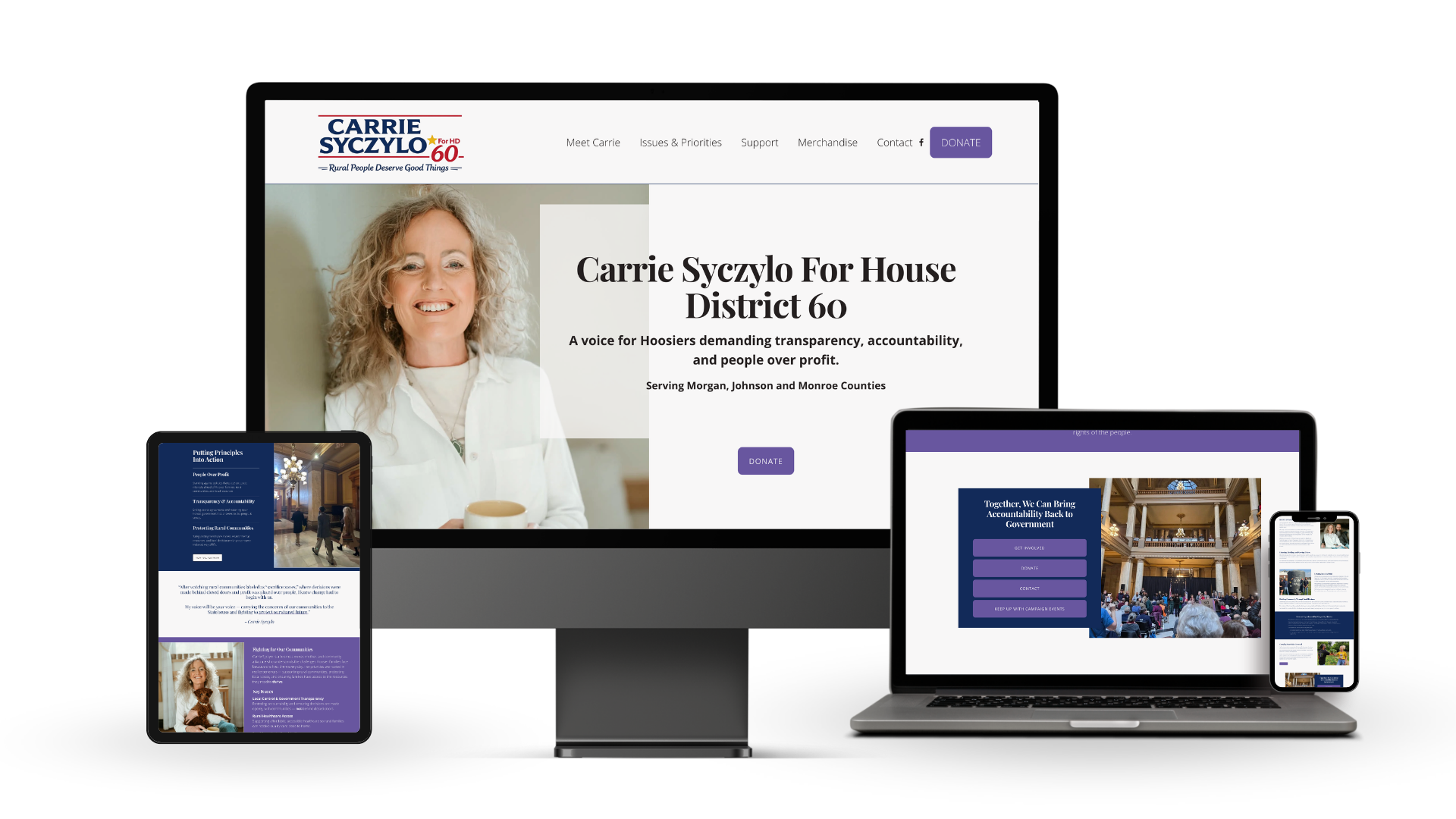 Mobile view of Carrie Syczylo campaign website for Indiana House District 60 designed by Kimmy Altman
