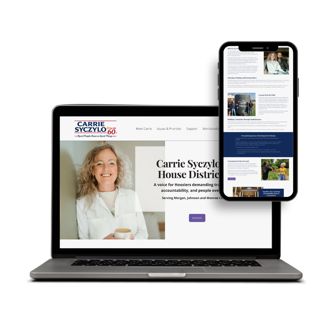 Full homepage desktop screenshot of Carrie Syczylo campaign website for Indiana House District 60 designed by Kimmy Altman
