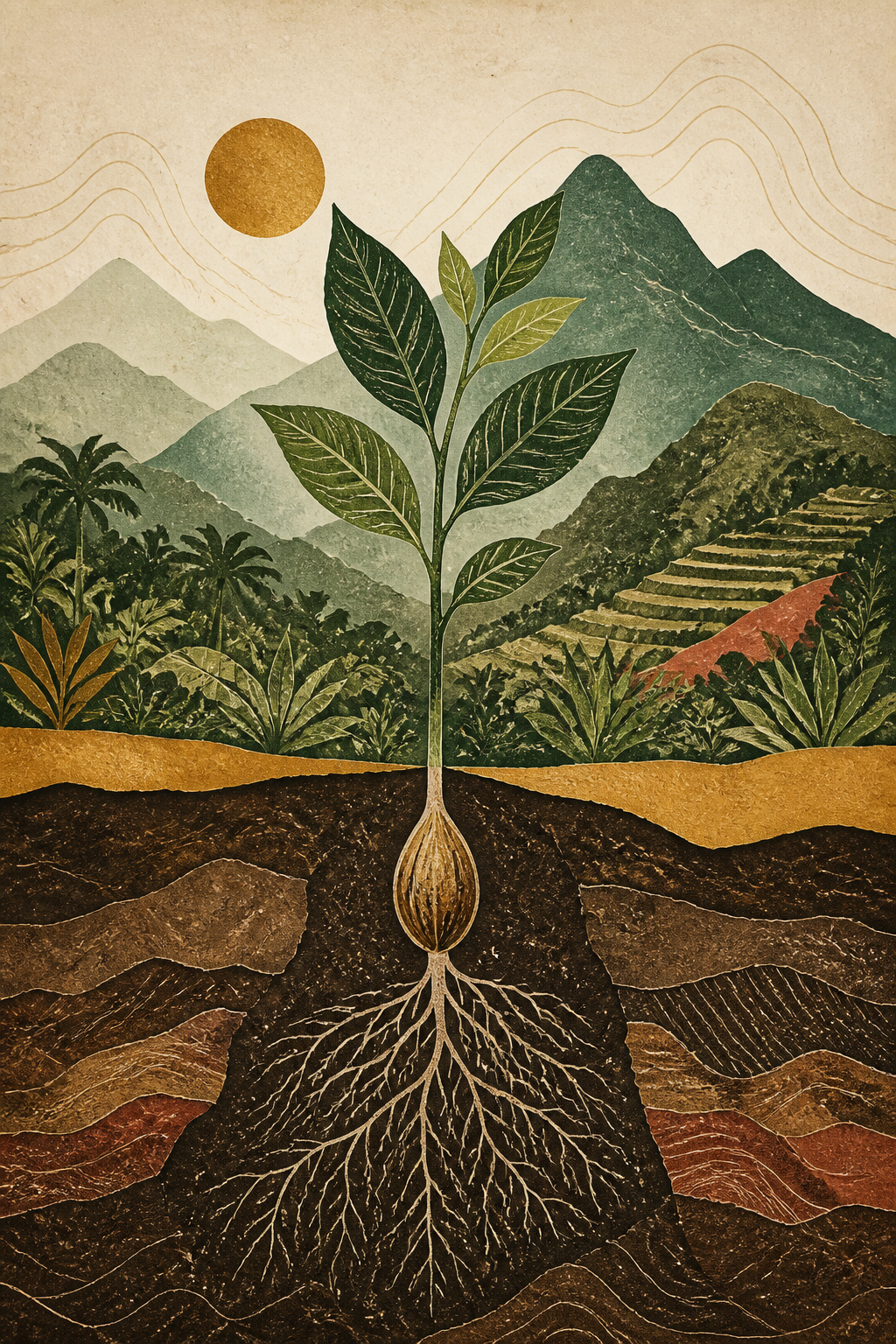 Temporary illustrated book cover showing a seed growing deep roots beneath a Haitian mountain landscape.