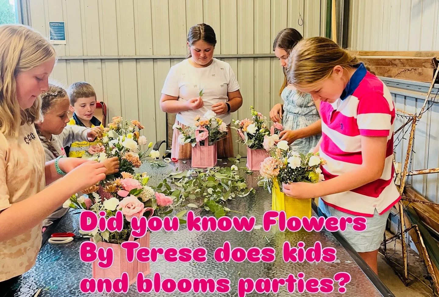 🌼 Did you know that Flowers By Terese offers children&rsquo;s flower party workshops? 🎉 We&rsquo;ll roll up to your place with everything needed for a blooming good time! All you have to do is provide the kiddos. Get ready for some flower-filled fu