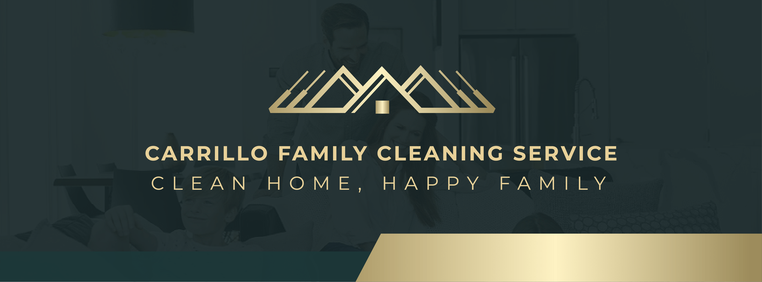 Logo and text for Carrillo Family Cleaning Service, featuring a stylized mountain range graphic, with the tagline "Clean Home, Happy Family" in gold and black colors.