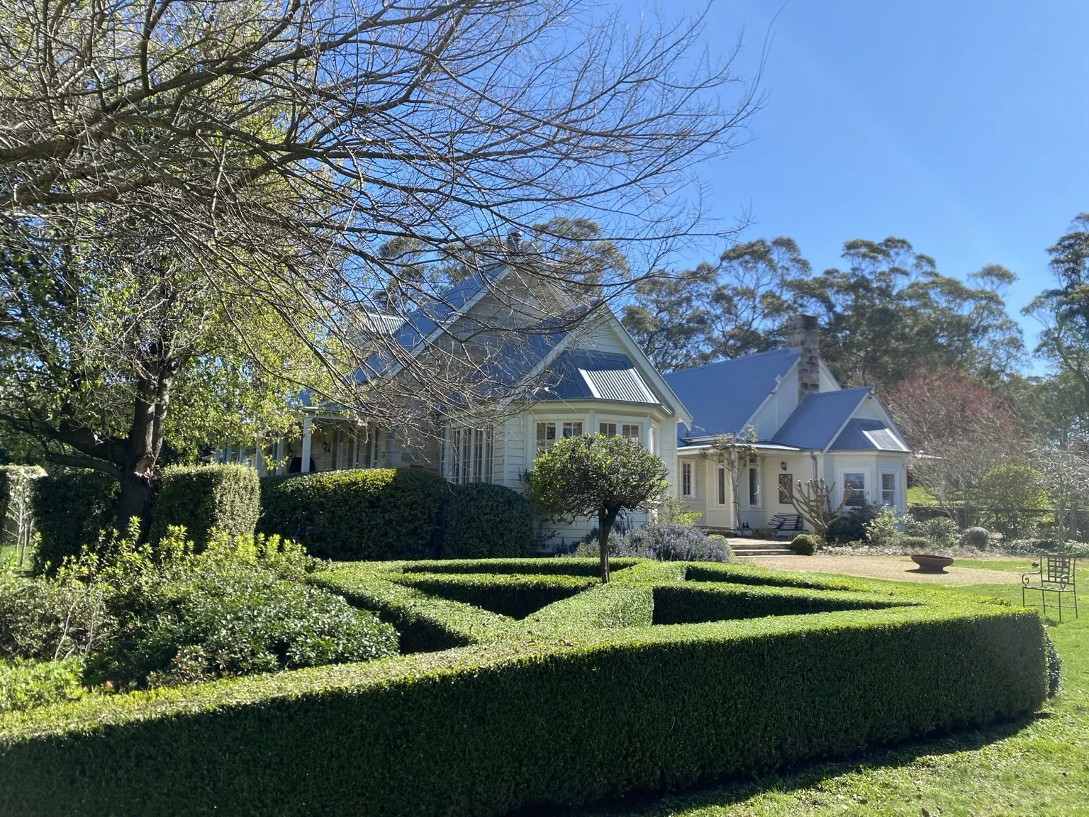 Large residential garden with neatly maintained hedges and planting in the Southern Highlands