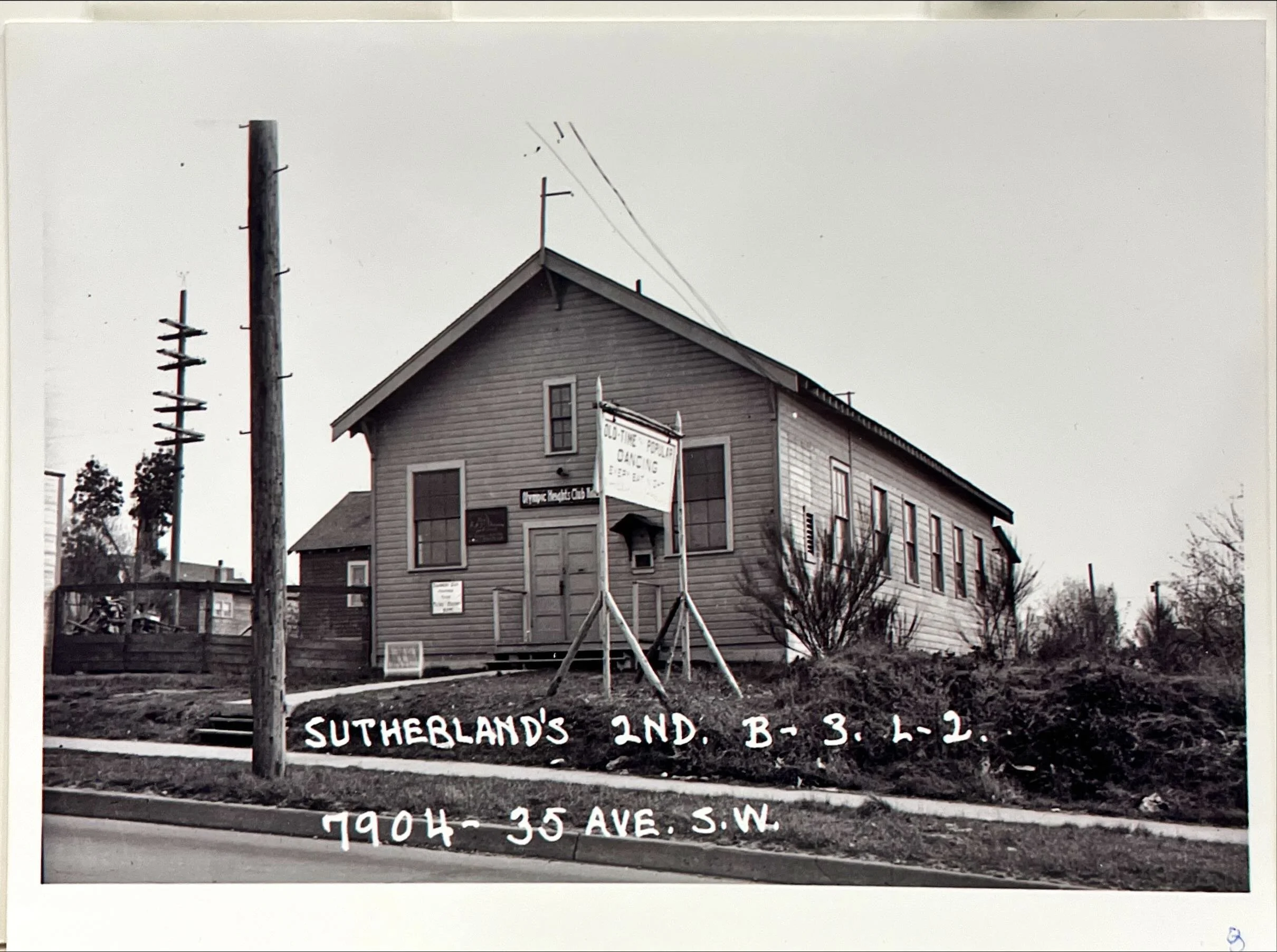 Historic plot photo of Olympic Heights Social Hall in black and white
