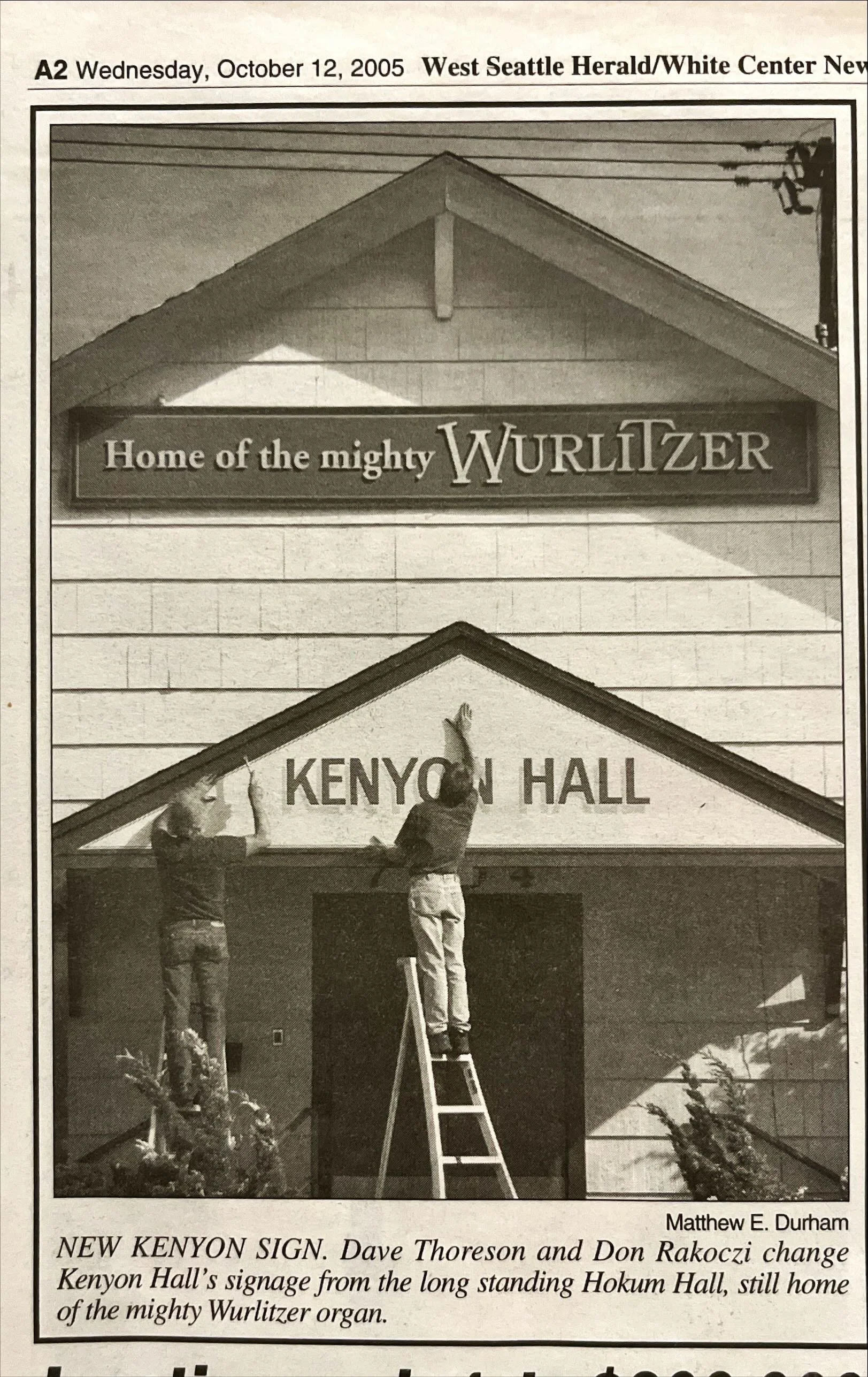 Newspaper clipping of Kenyon Hall getting new signage in 2006