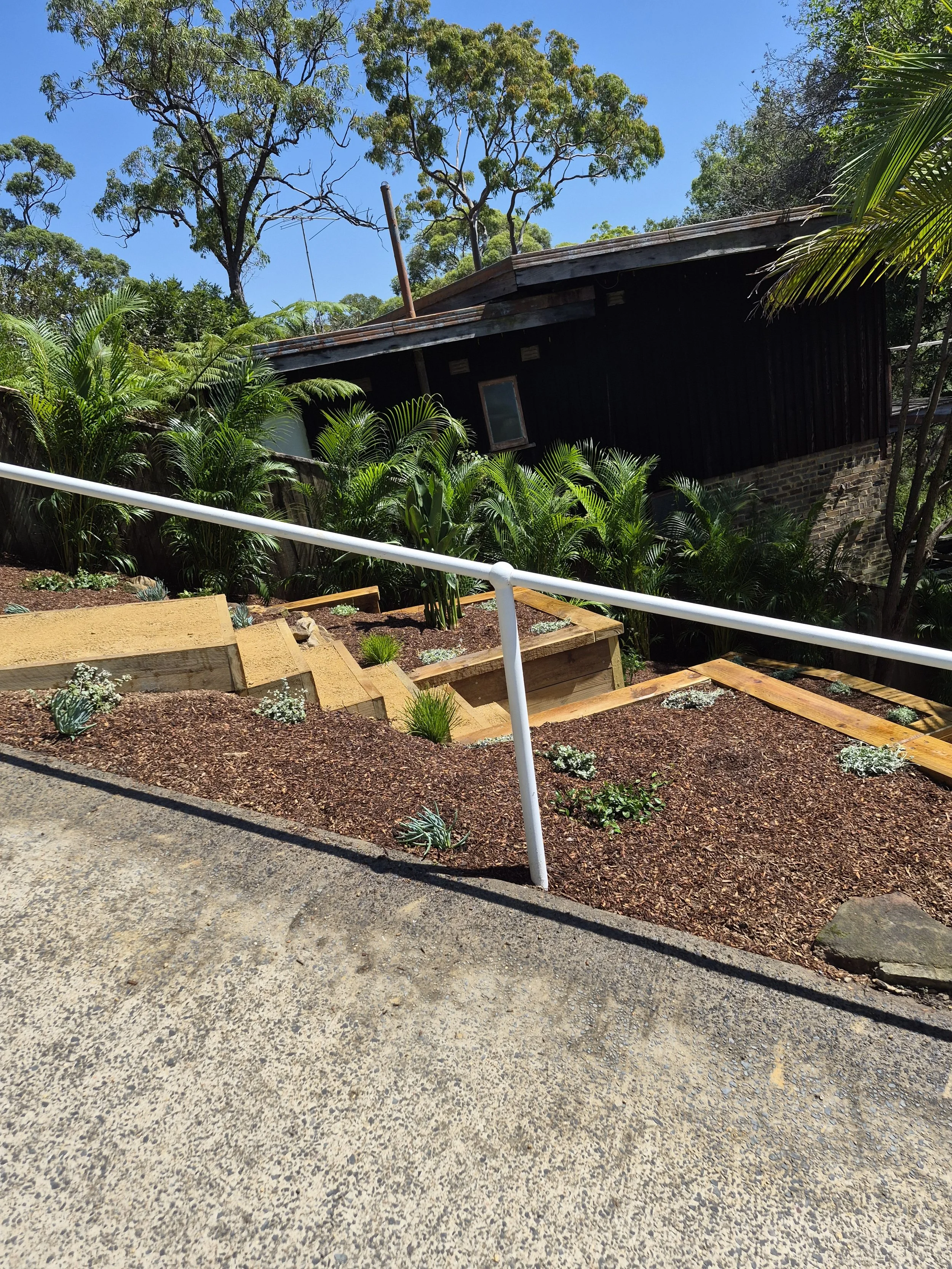 A small garden with raised plant beds, various green plants, and a white railing in the foreground. There is a house with black wood siding and a brick foundation behind the garden. Tall trees with green foliage are in the background under a clear bl