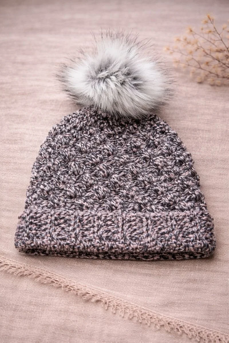 Black & Pink Hand Crocheted Beanie with Faux Fur Pom Pom