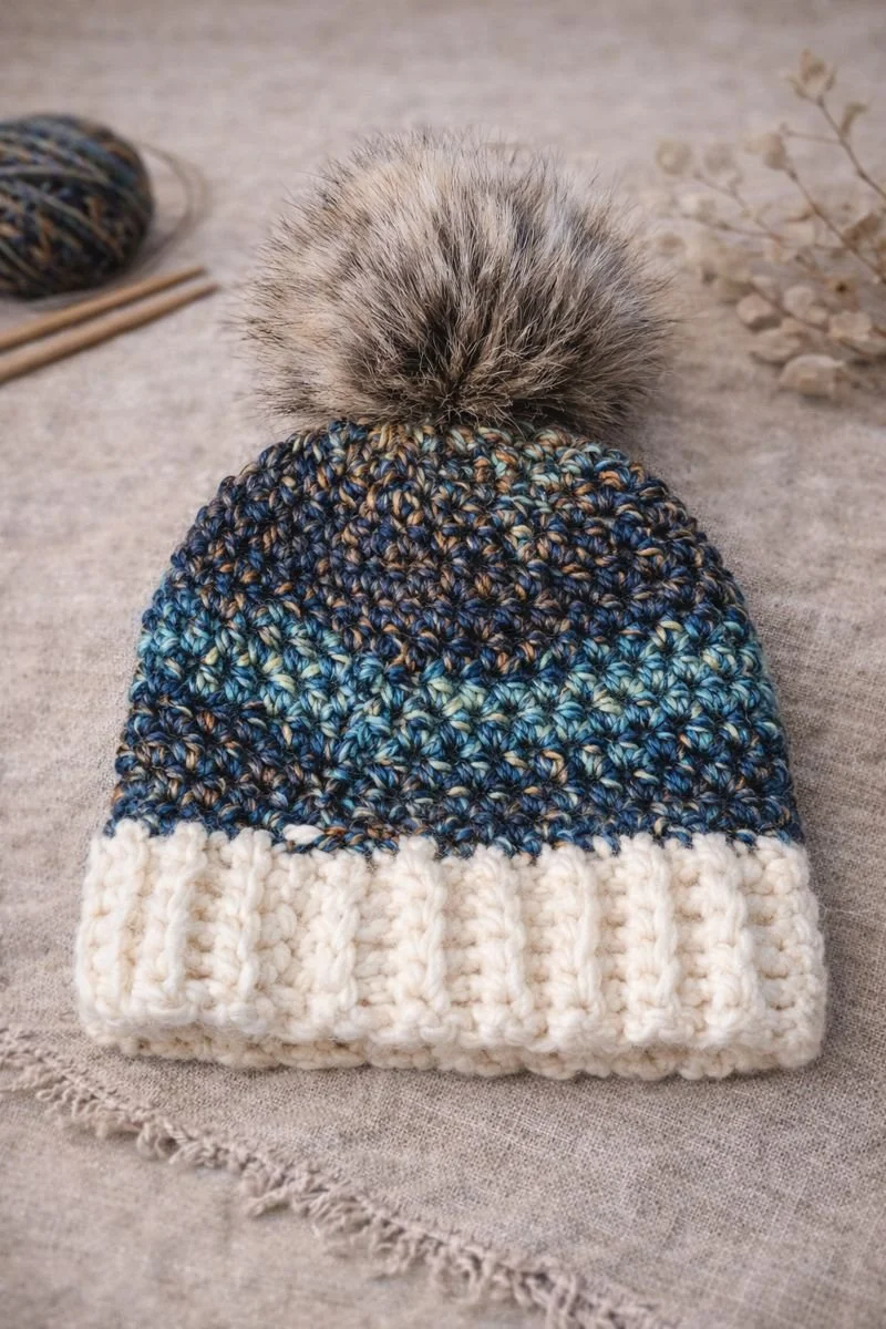 Hand Crocheted Beanie with Faux Fur Pom Pom