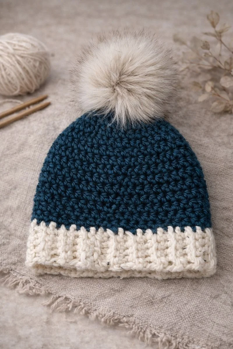 Peacock Blue Hand Crocheted Beanie with Faux Fur Pom Pom