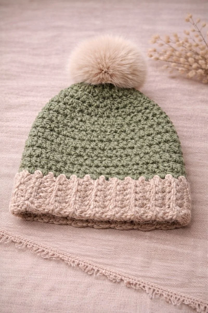 Green & Cream Hand Crocheted Beanie with Faux Fur Pom Pom