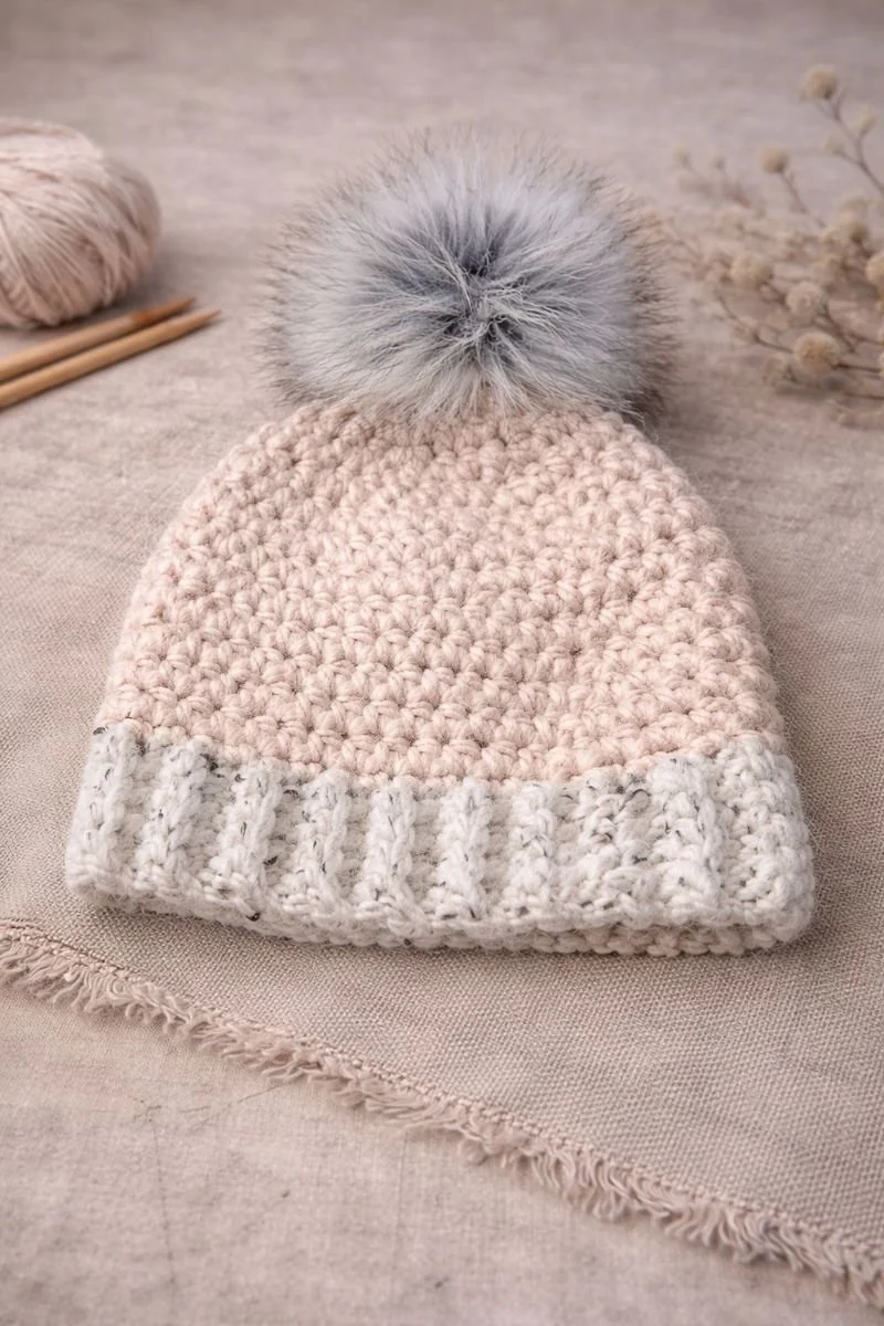 Light Pink Hand Crocheted Beanie with Faux Fur Pom Pom