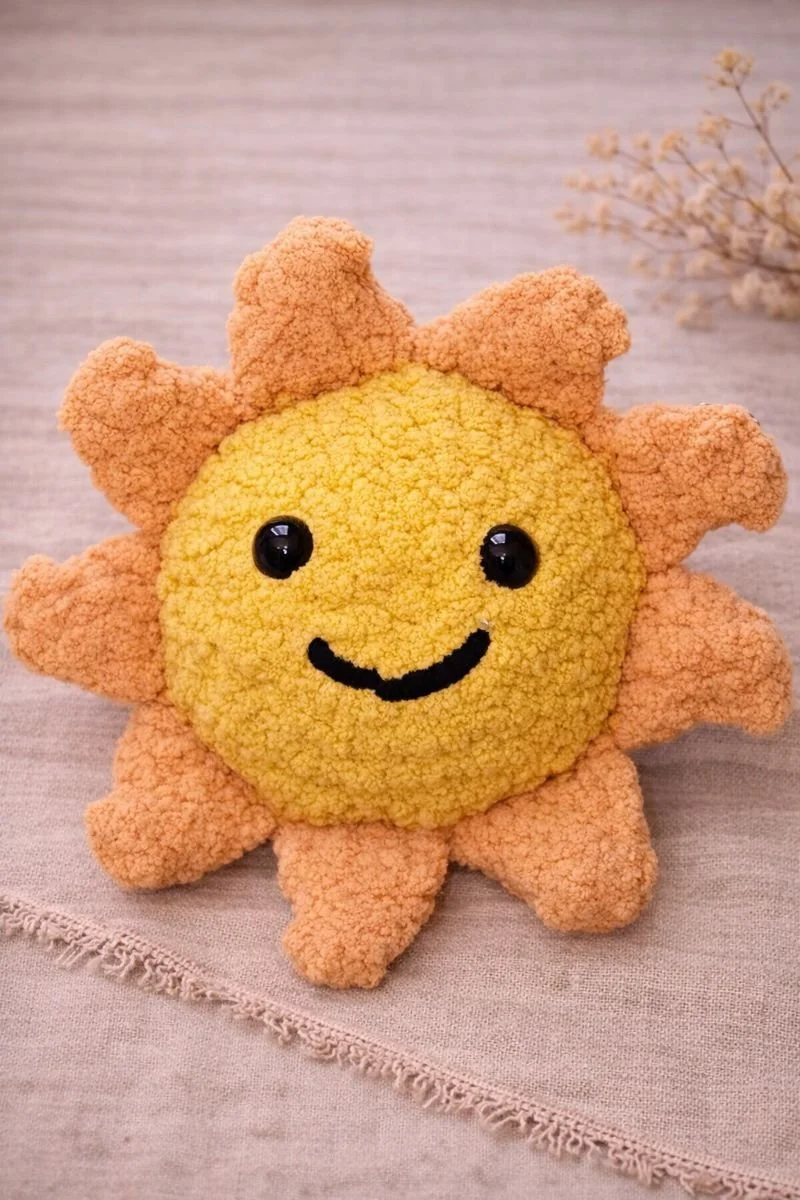 Handmade Crochet Sun Plush | Soft Smiling Moon Stuffed Toy | Nursery Decor & Kids Gift