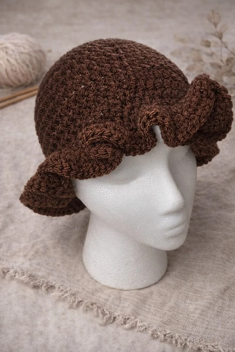 Handmade Crochet Ruffle Brim Beanie – Chocolate Brown