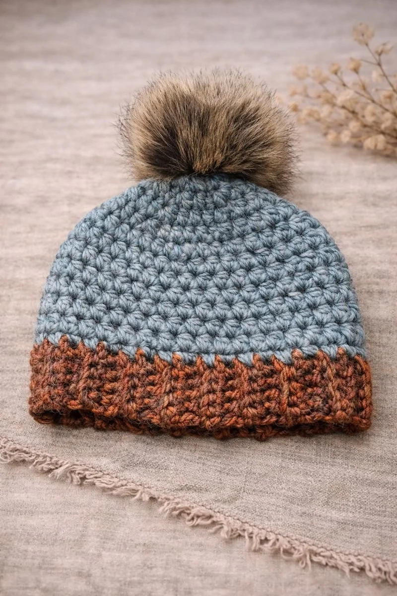 Brown & Blue Hand Crocheted Beanie with Faux Fur Pom Pom