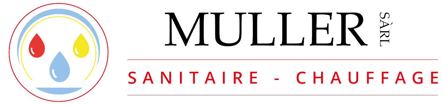 Logo de Mullers, comprenant une icône avec trois gouttes (rouge, jaune, bleue) dans une bowl, et le texte "MULLER" en haut, "SARL" à droite en vertical, et "SANITAIRE - CHAUFFAGE" en dessous en rouge.