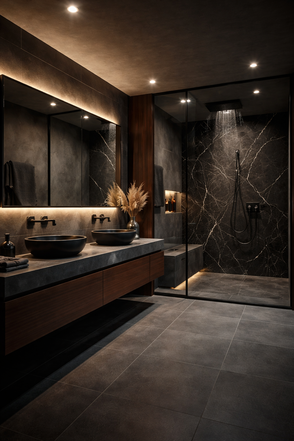 Une salle de bain moderne avec un double lavabo en pierre sombre, un grand miroir, une douche à l'italienne avec un plafond de pluie, et un décor minimaliste avec des accents en bois et des plantes