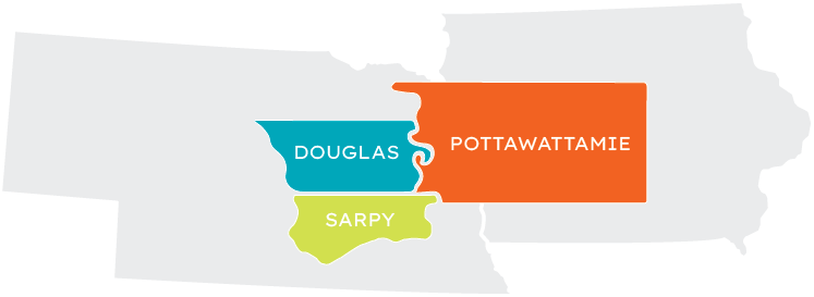 Map highlighting Douglas and Sarpy counties in Nebraska and Pottawattamie County in Iowa.
